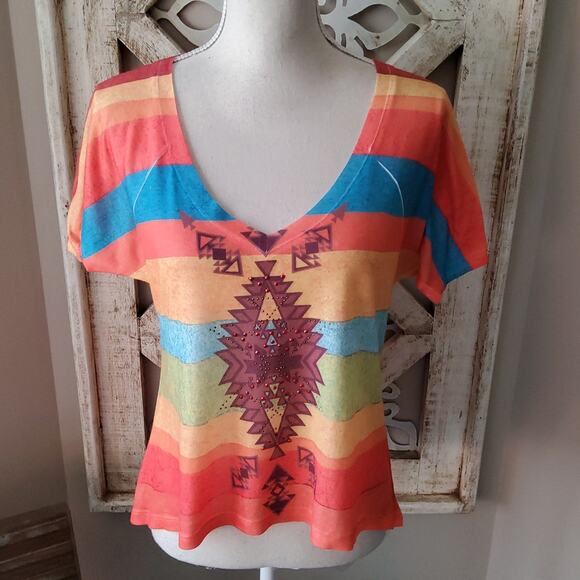 Live to be Spoiled Short Sleeve Western Aztec Colorful Sequin Lightweight TShirt - Picture 2 of 4